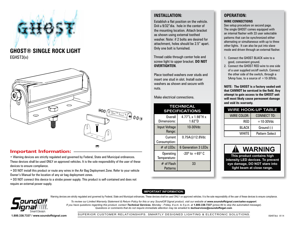 SoundOff Signal GHOST Rock Light (10-30 vdc) User Manual | 2 pages