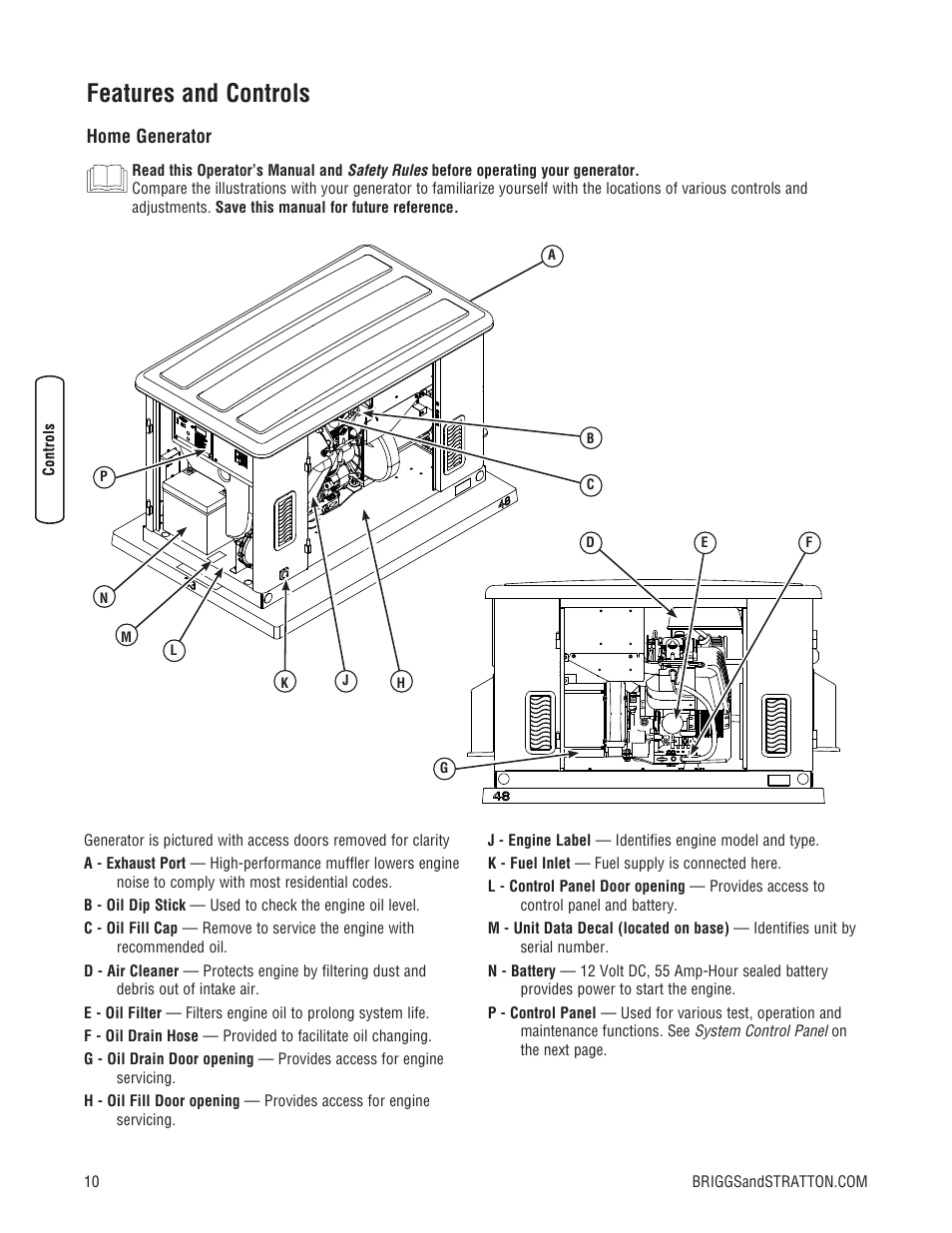 Features and controls | Briggs & Stratton Home Generator User Manual | Page 10 / 64