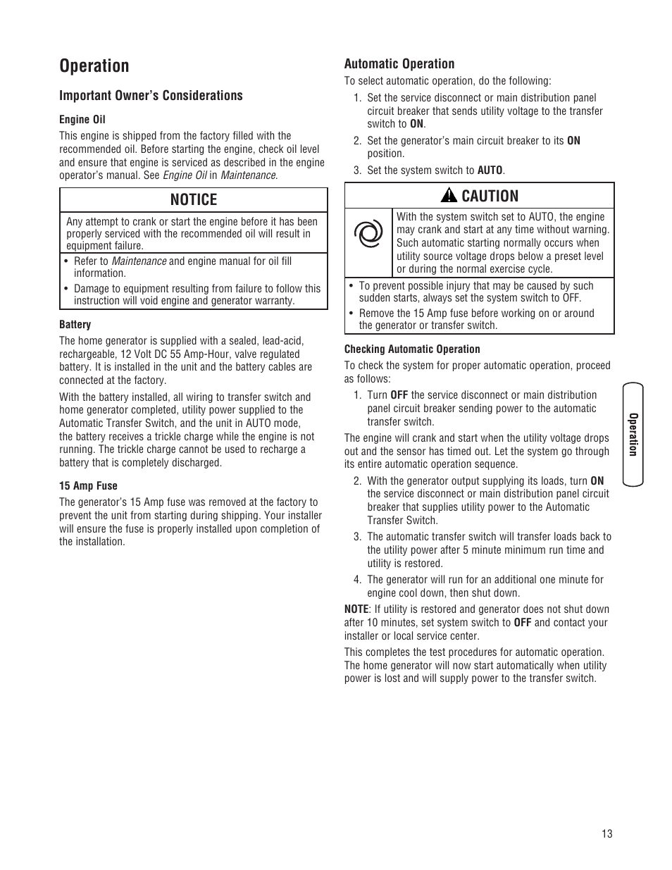 Operation, Notice, Caution | Briggs & Stratton Home Generator User Manual | Page 13 / 64