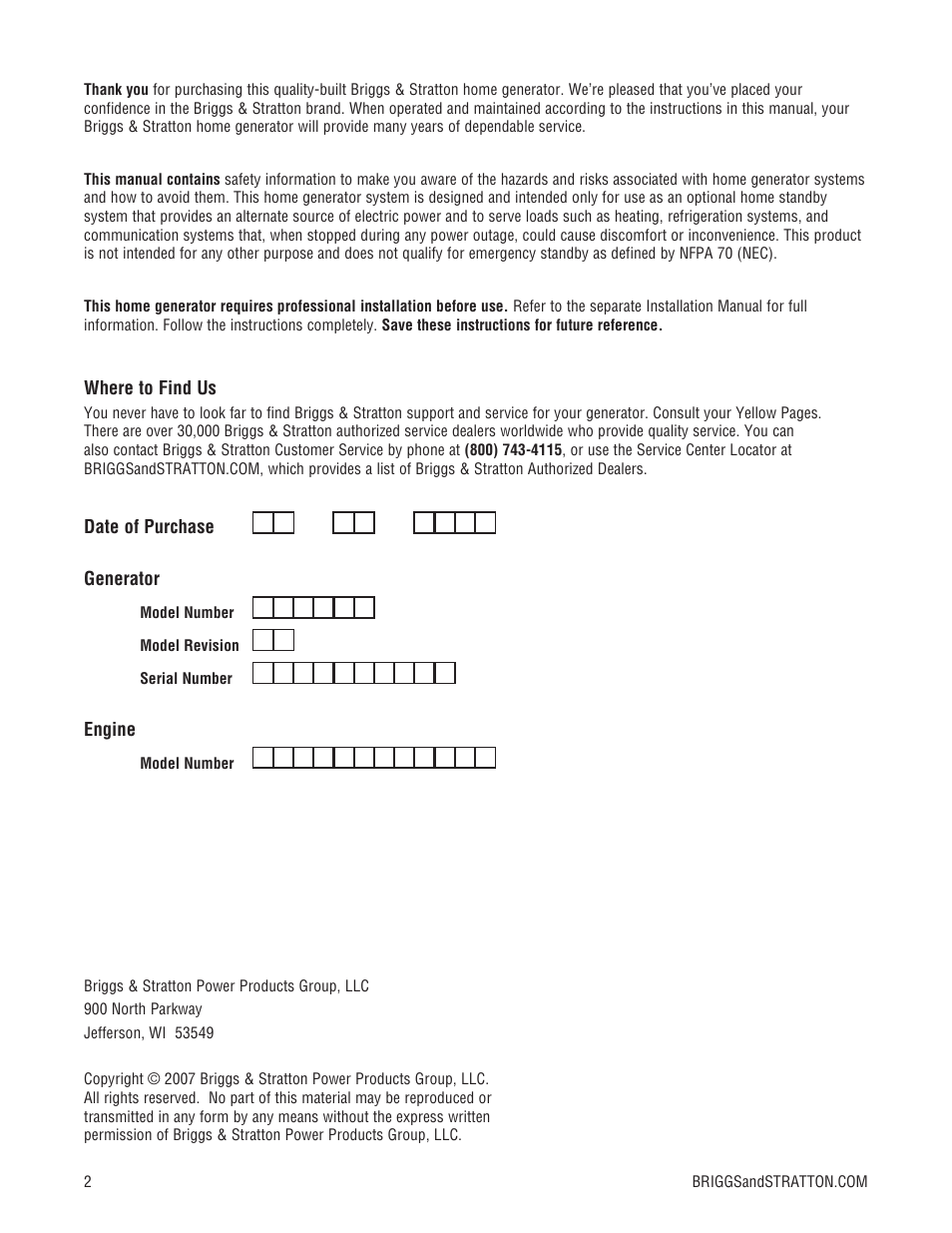 Briggs & Stratton Home Generator User Manual | Page 2 / 64