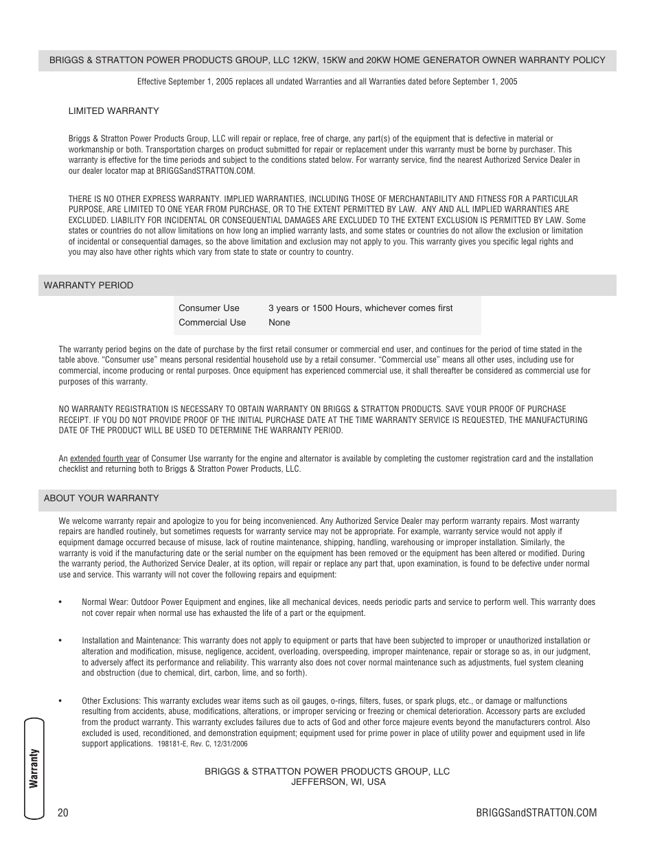 Warranty | Briggs & Stratton Home Generator User Manual | Page 20 / 64