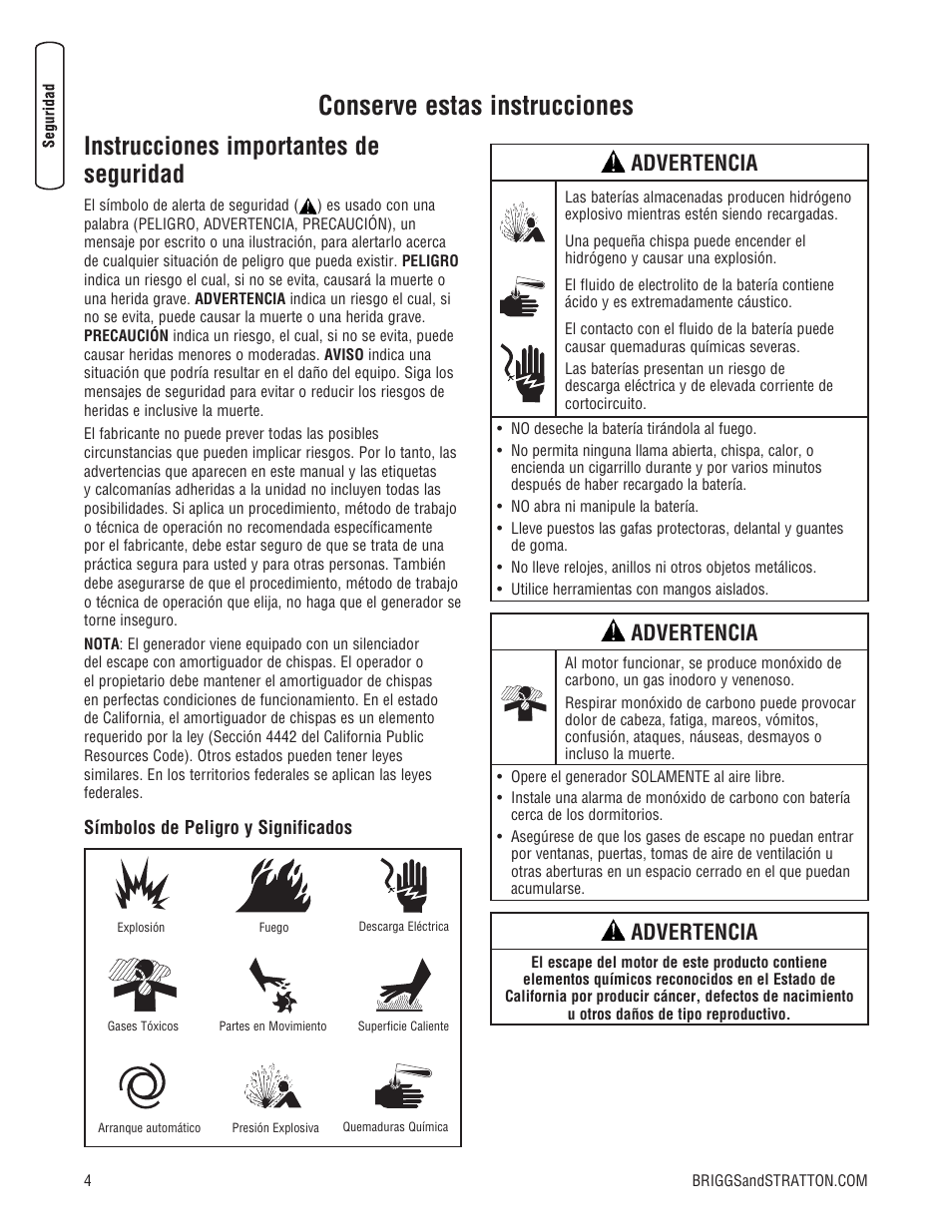 Conserve estas instrucciones, Instrucciones importantes de seguridad, Advertencia | Briggs & Stratton Home Generator User Manual | Page 26 / 64