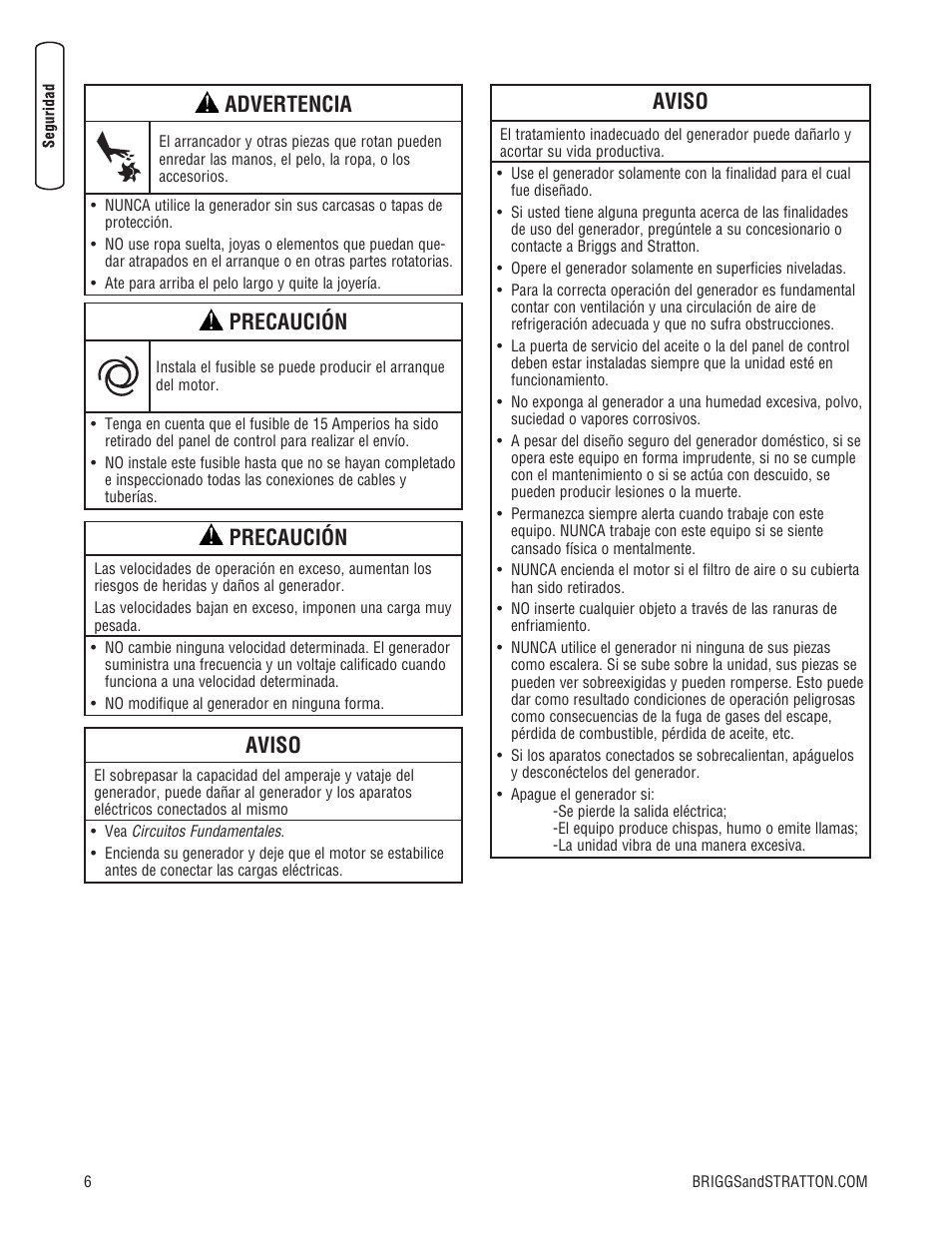 Advertencia, Precaución, Aviso | Briggs & Stratton Home Generator User Manual | Page 28 / 64