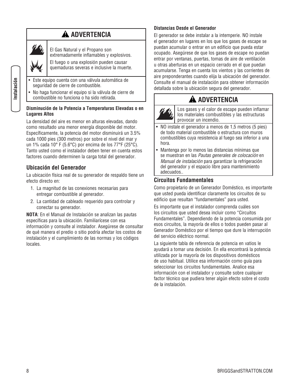 Advertencia | Briggs & Stratton Home Generator User Manual | Page 30 / 64