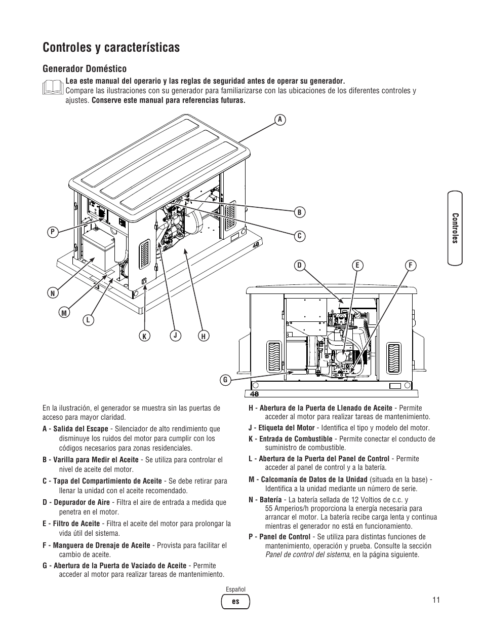 Controles y características, Generador doméstico | Briggs & Stratton Home Generator User Manual | Page 33 / 64