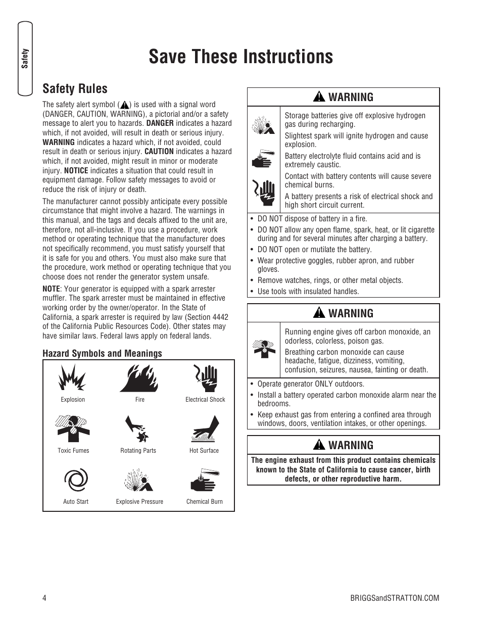 Save these instructions, Safety rules, Warning | Briggs & Stratton Home Generator User Manual | Page 4 / 64