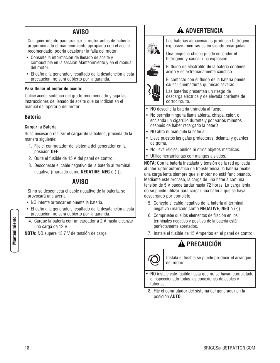 Aviso, Advertencia, Precaución | Briggs & Stratton Home Generator User Manual | Page 40 / 64