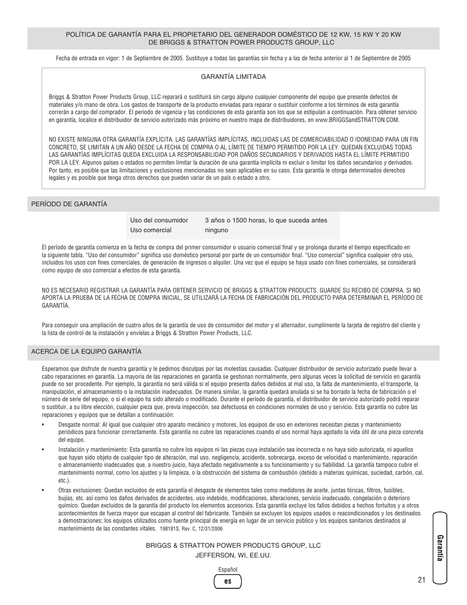 Garantía | Briggs & Stratton Home Generator User Manual | Page 43 / 64