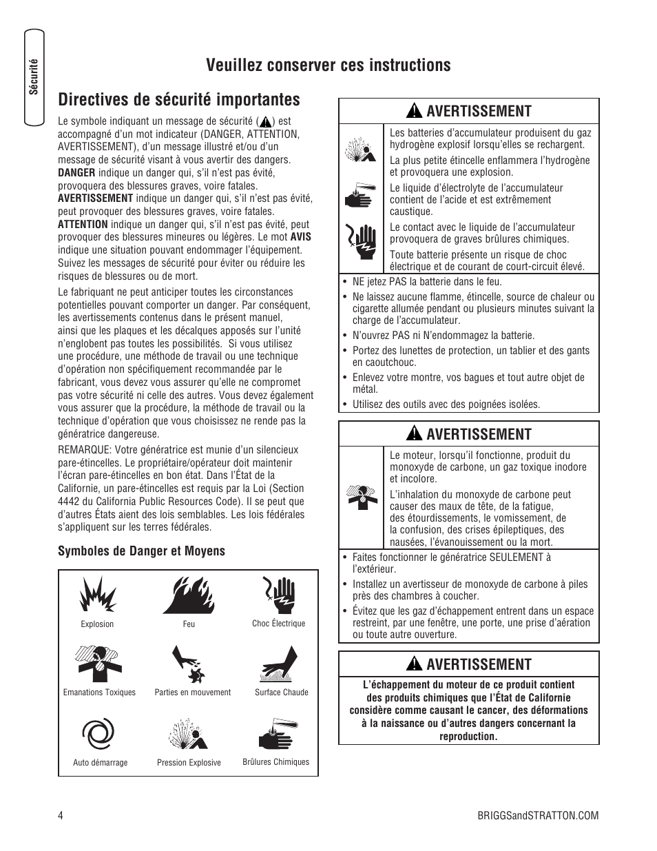 Directives de sécurité importantes, Veuillez conserver ces instructions, Avertissement | Briggs & Stratton Home Generator User Manual | Page 48 / 64