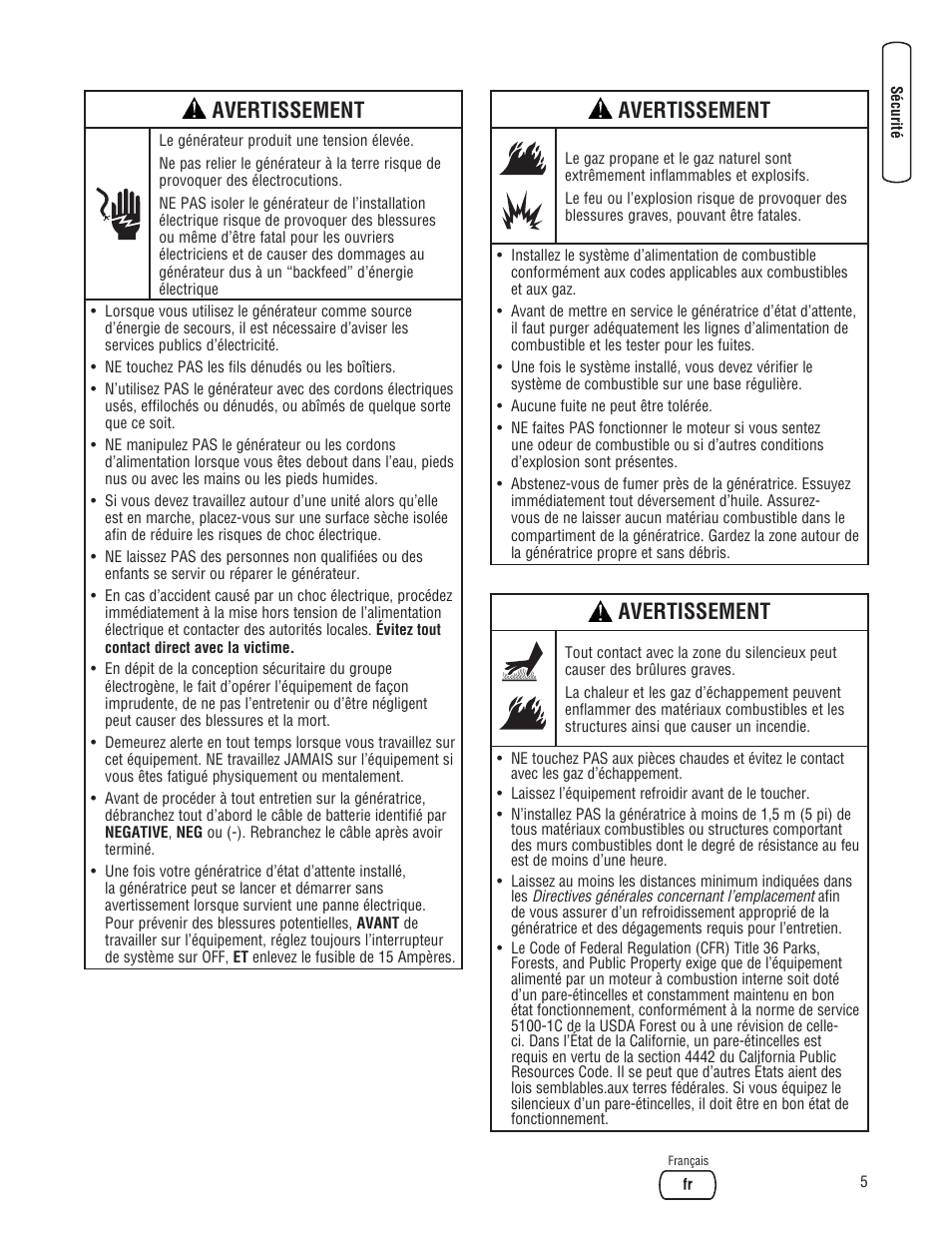 Avertissement | Briggs & Stratton Home Generator User Manual | Page 49 / 64