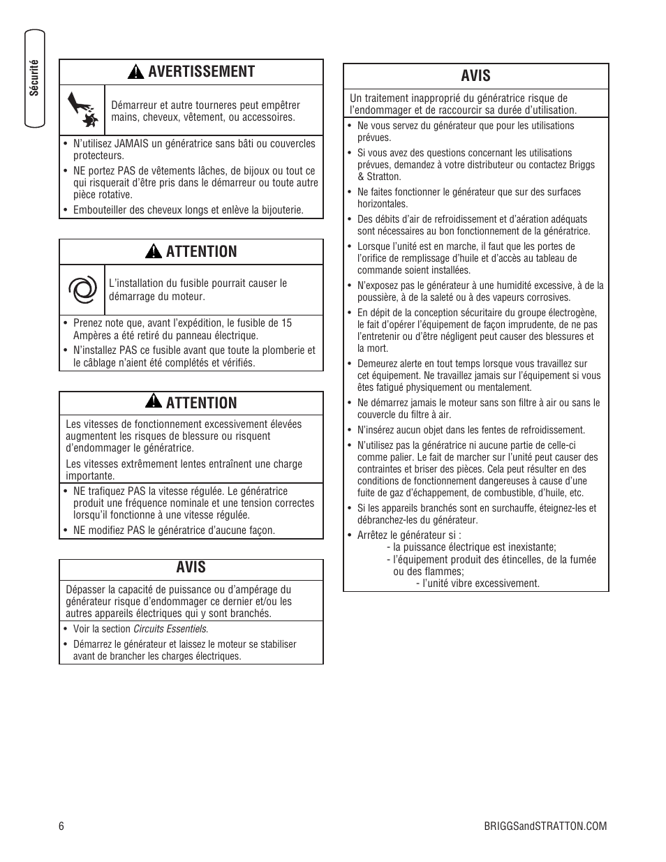 Avertissement, Attention, Avis | Briggs & Stratton Home Generator User Manual | Page 50 / 64