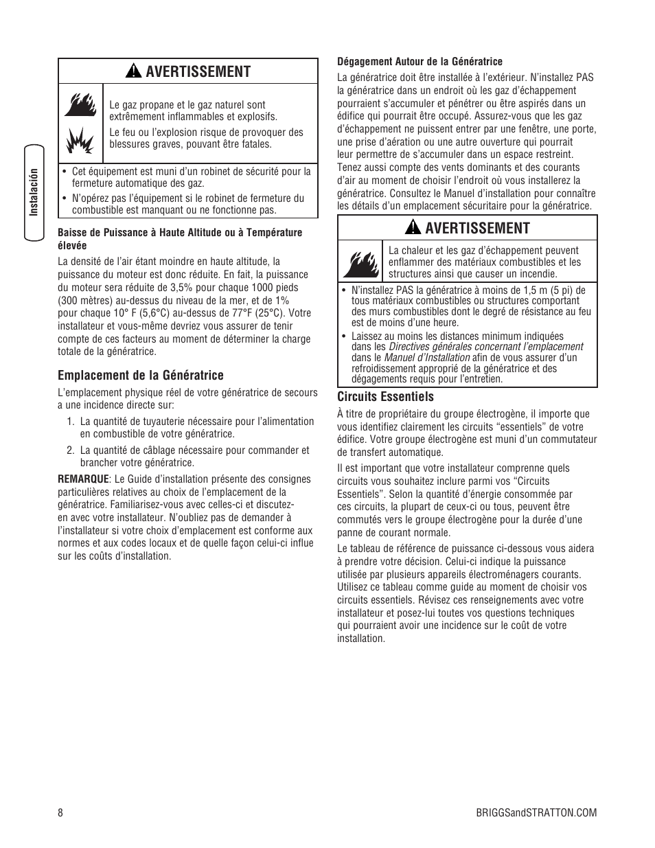 Avertissement | Briggs & Stratton Home Generator User Manual | Page 52 / 64