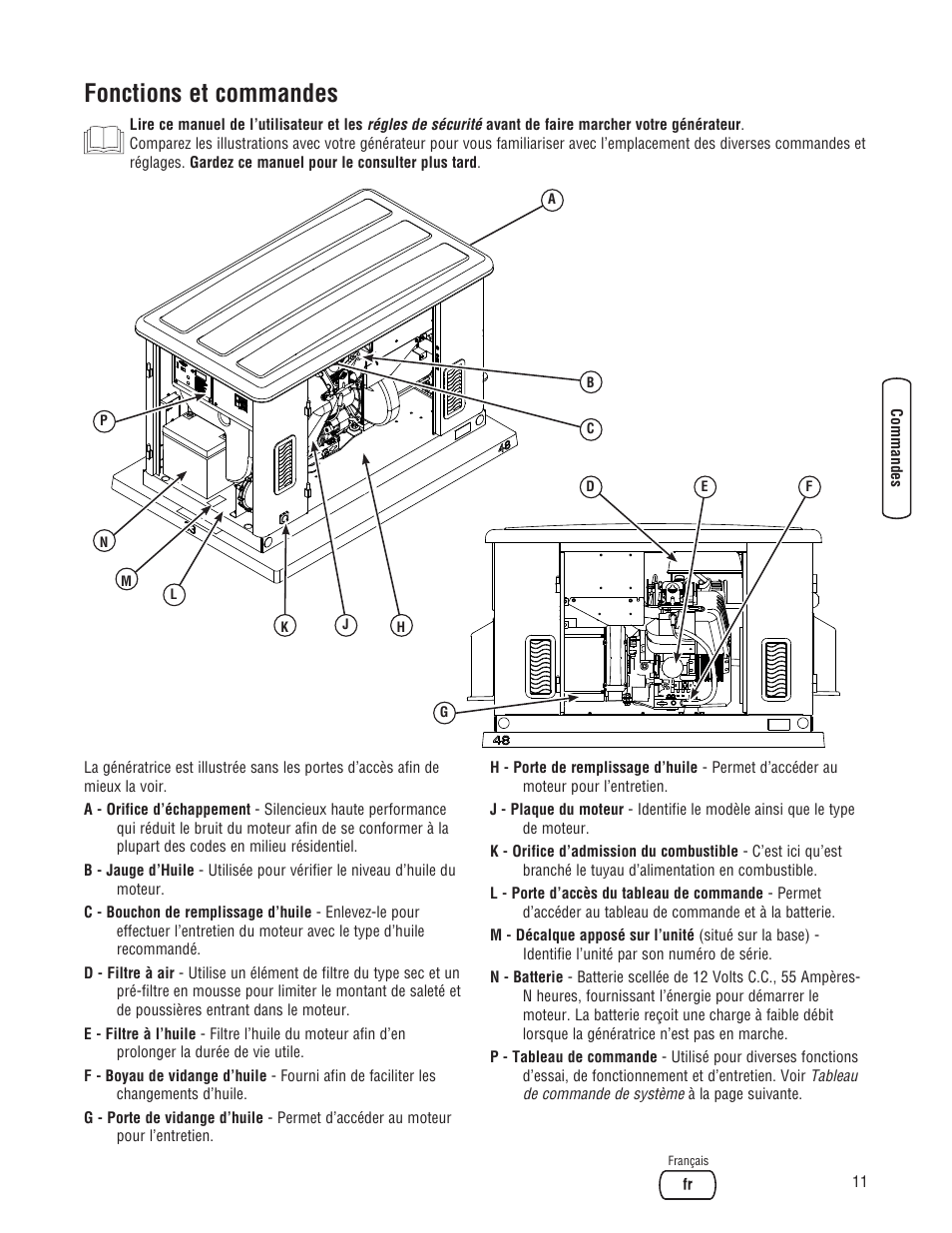 Fonctions et commandes | Briggs & Stratton Home Generator User Manual | Page 55 / 64