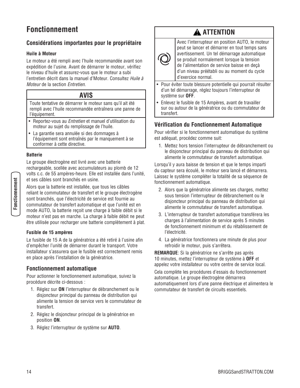 Fonctionnement, Avis, Attention | Briggs & Stratton Home Generator User Manual | Page 58 / 64