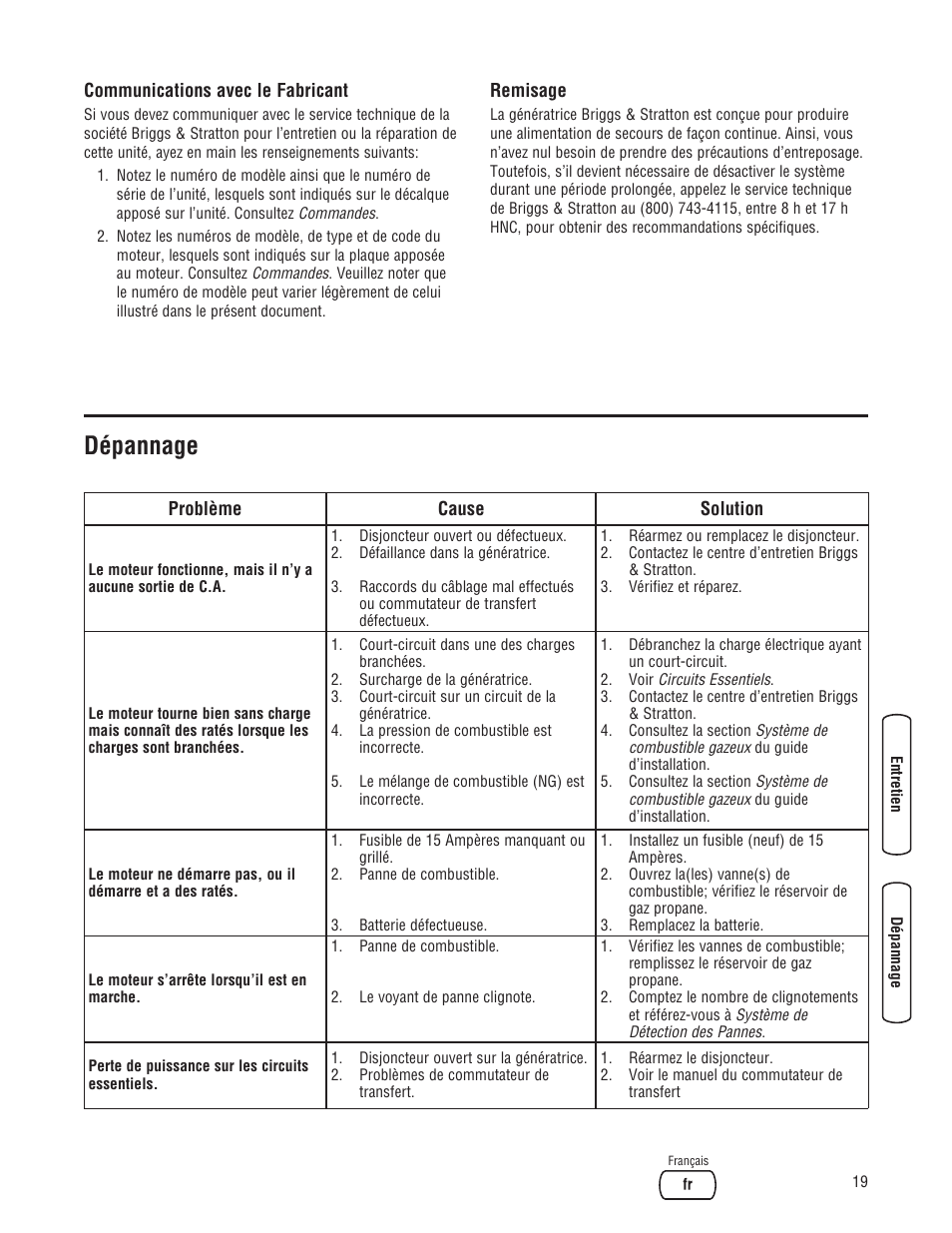 Dépannage | Briggs & Stratton Home Generator User Manual | Page 63 / 64