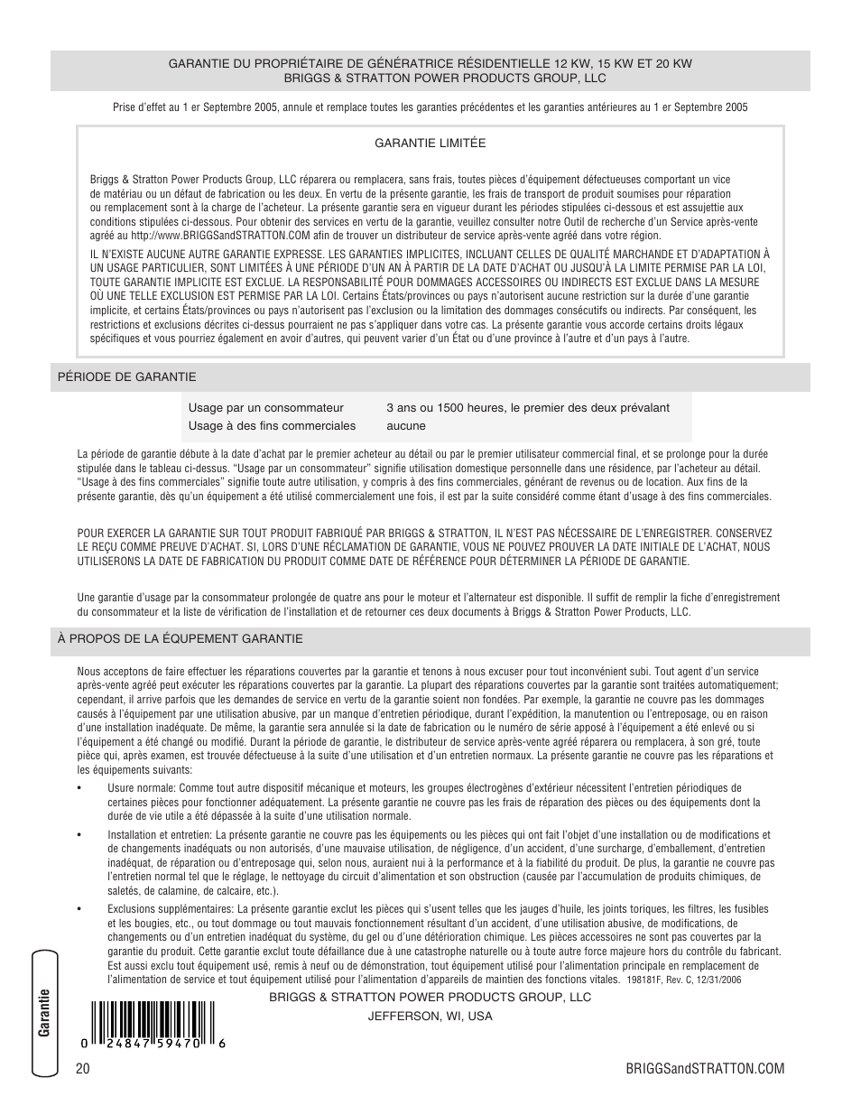 Garantie | Briggs & Stratton Home Generator User Manual | Page 64 / 64