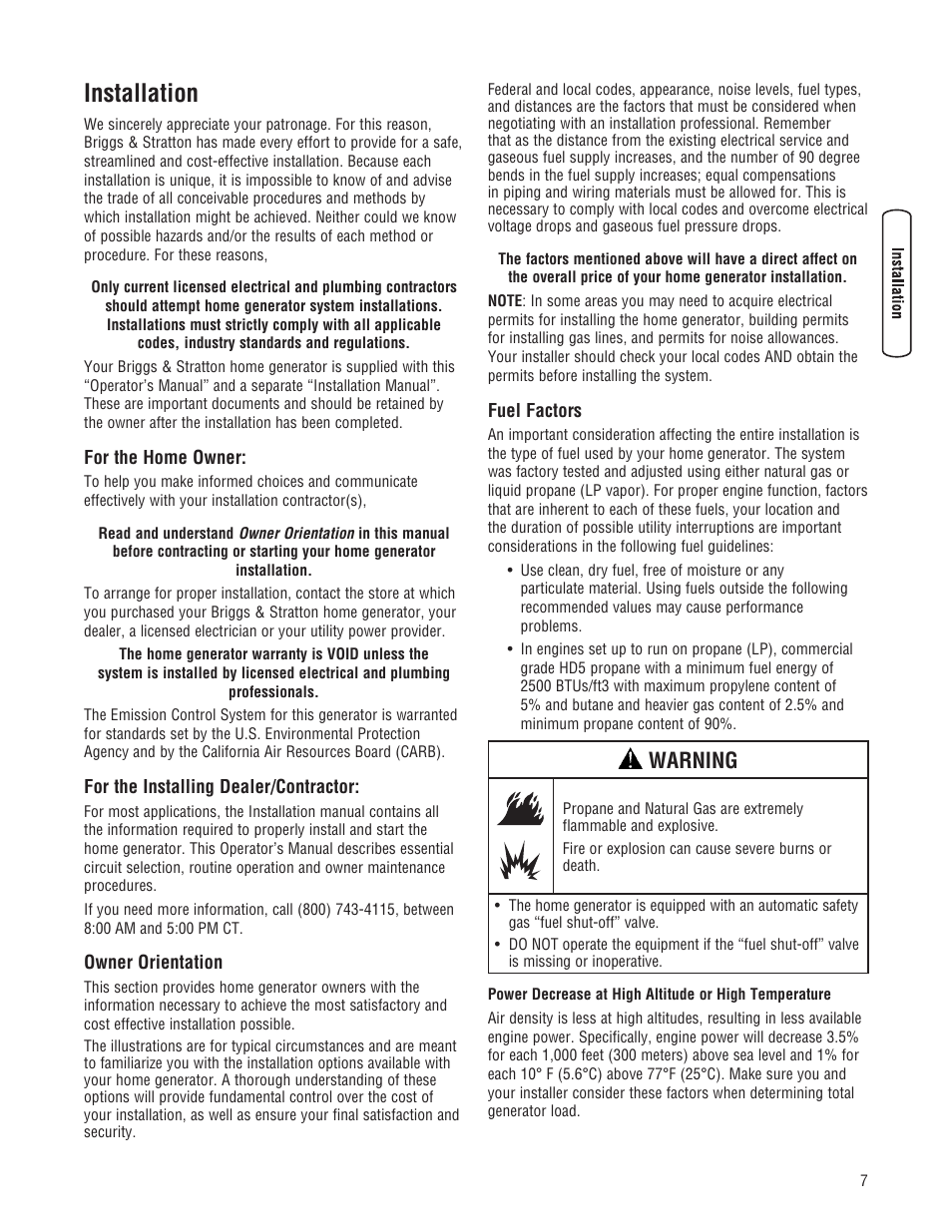 Installation, Warning | Briggs & Stratton Home Generator User Manual | Page 7 / 64