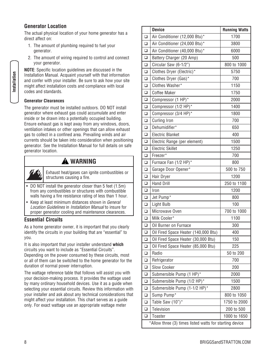 Warning | Briggs & Stratton Home Generator User Manual | Page 8 / 64