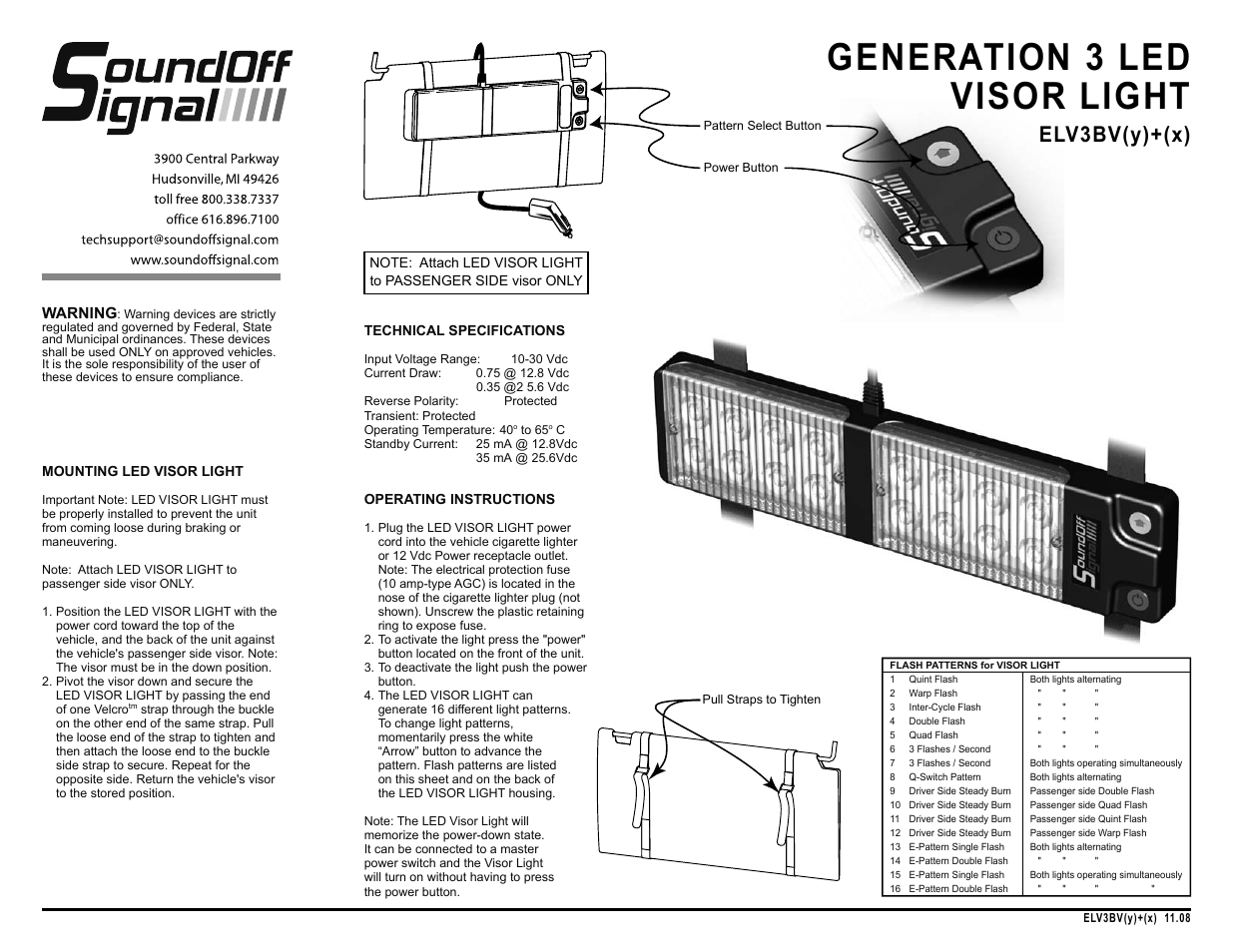 SoundOff Signal Premium Gen3 LED Visor User Manual | 1 page