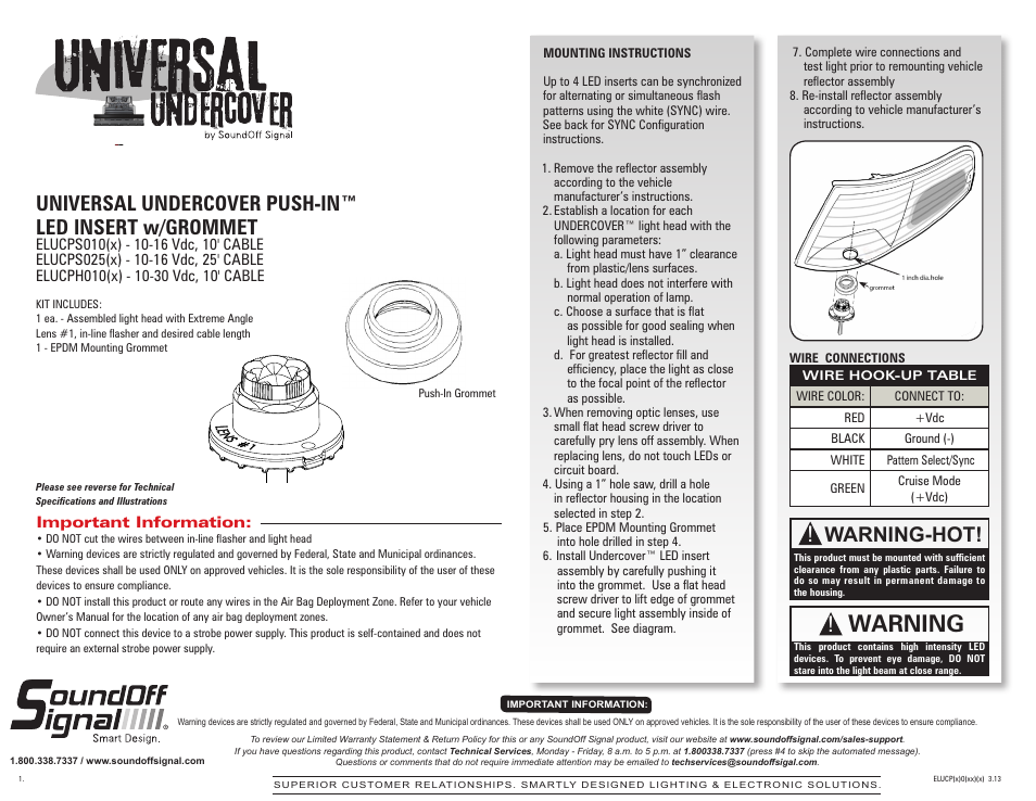 SoundOff Signal Universal Undercover Push-In LED Insert User Manual | 2 pages
