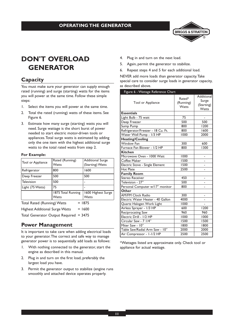 Don't overload generator, Capacity, Power management | Operating the generator | Briggs & Stratton 030213 User Manual | Page 11 / 16