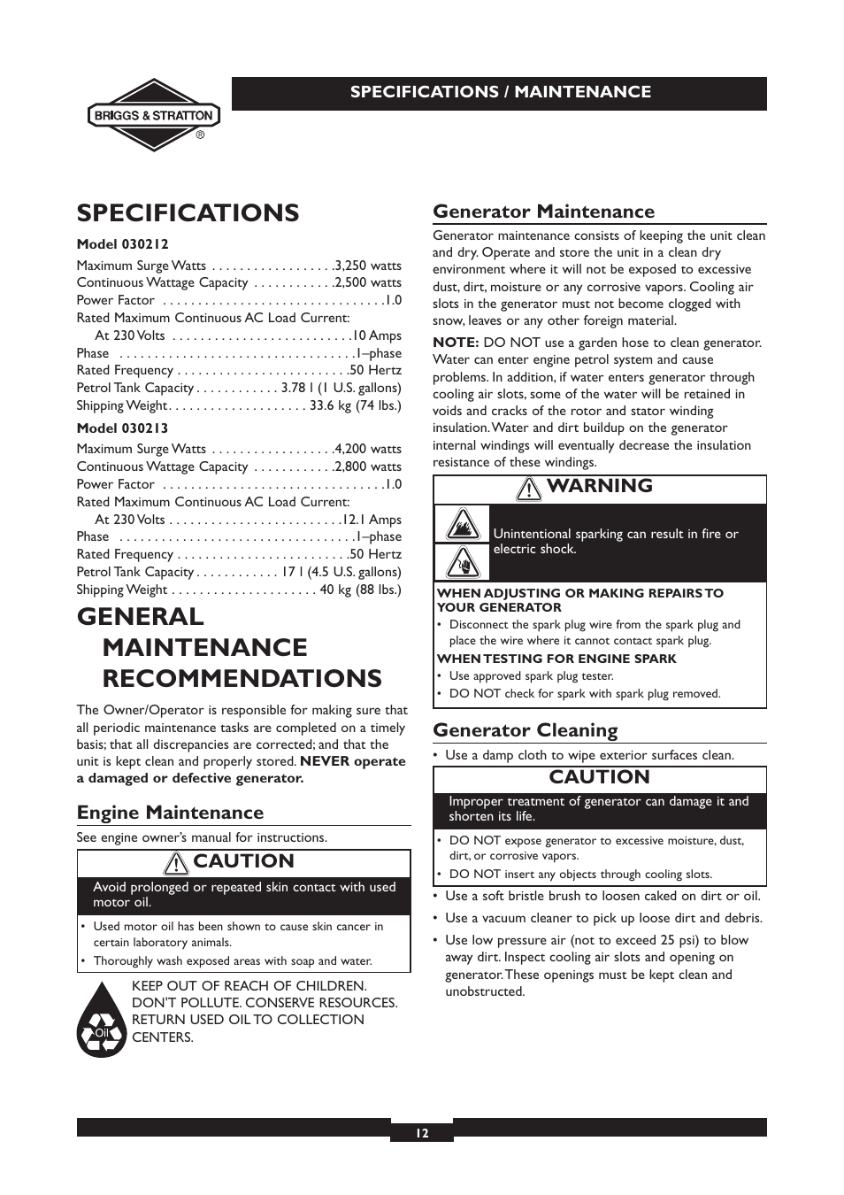 Specifications, General maintenance recommendations, Engine maintenance | Generator maintenance, Generator cleaning, Caution, Warning | Briggs & Stratton 030213 User Manual | Page 12 / 16