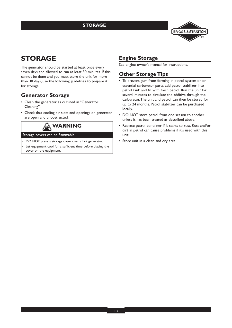 Storage, Generator storage, Engine storage | Other storage tips, Warning | Briggs & Stratton 030213 User Manual | Page 13 / 16