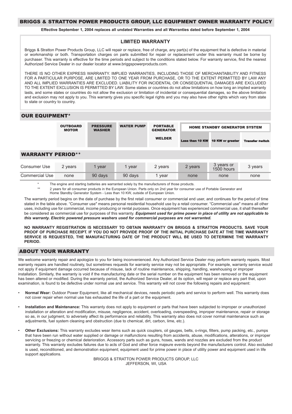 Limited warranty, Our equipment, Warranty period | About your warranty | Briggs & Stratton 030213 User Manual | Page 16 / 16