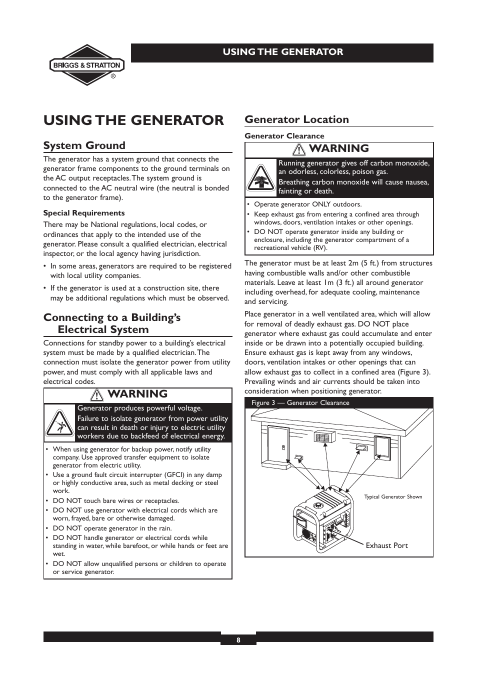 Using the generator, System ground, Connecting to a building’s electrical system | Generator location, Warning | Briggs & Stratton 030213 User Manual | Page 8 / 16