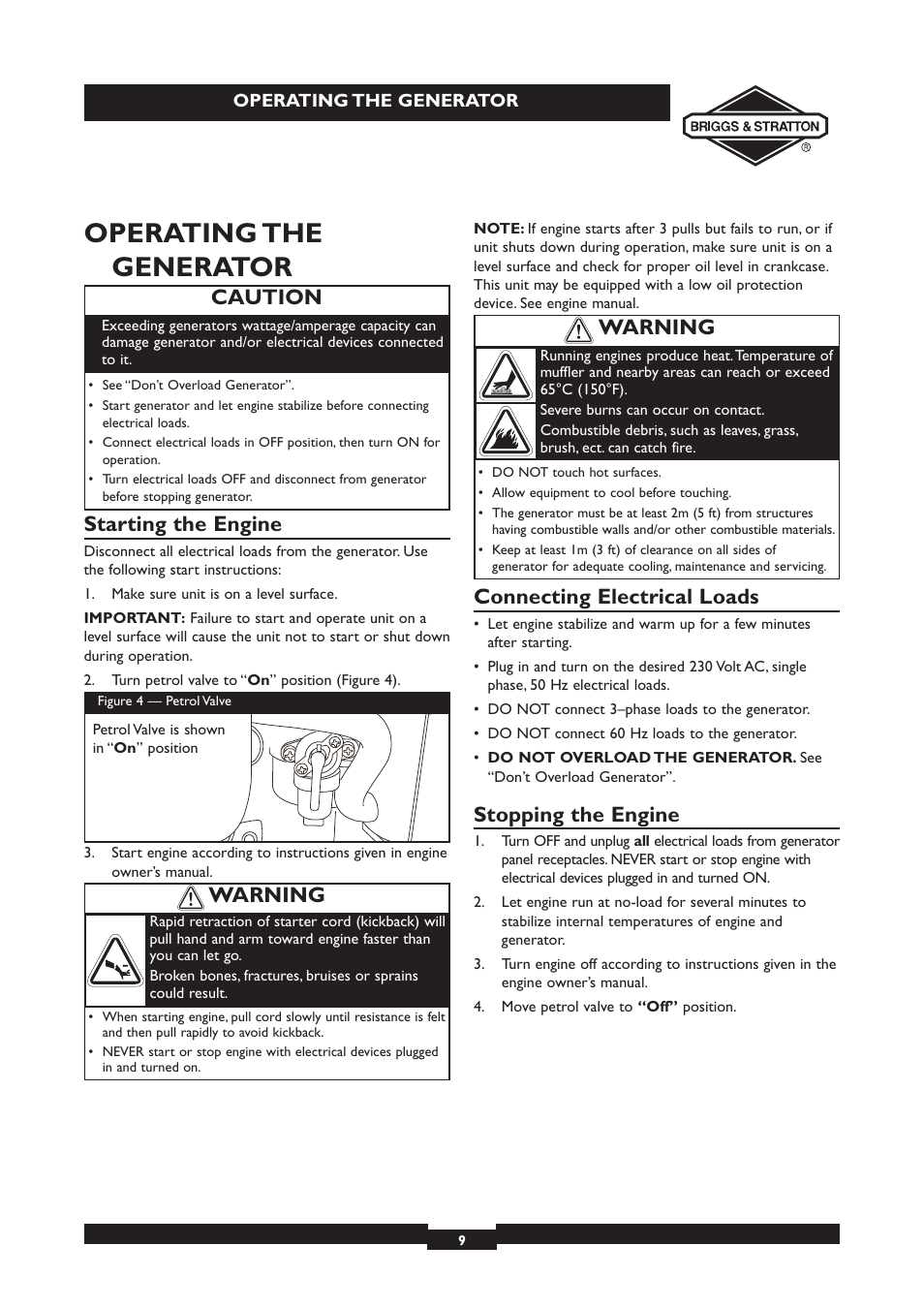 Operating the generator, Starting the engine, Connecting electrical loads | Stopping the engine, Caution, Warning | Briggs & Stratton 030213 User Manual | Page 9 / 16