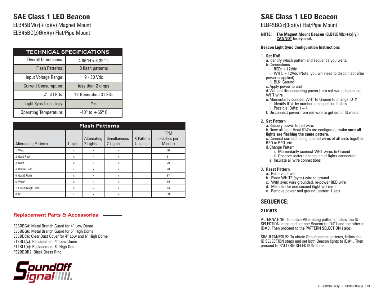 Sae class 1 led beacon, Elb45bc(z)0(x)(y) flat/pipe mount, Sequence | SoundOff Signal 4500 Series LED Beacon Class 1 User Manual | Page 2 / 2