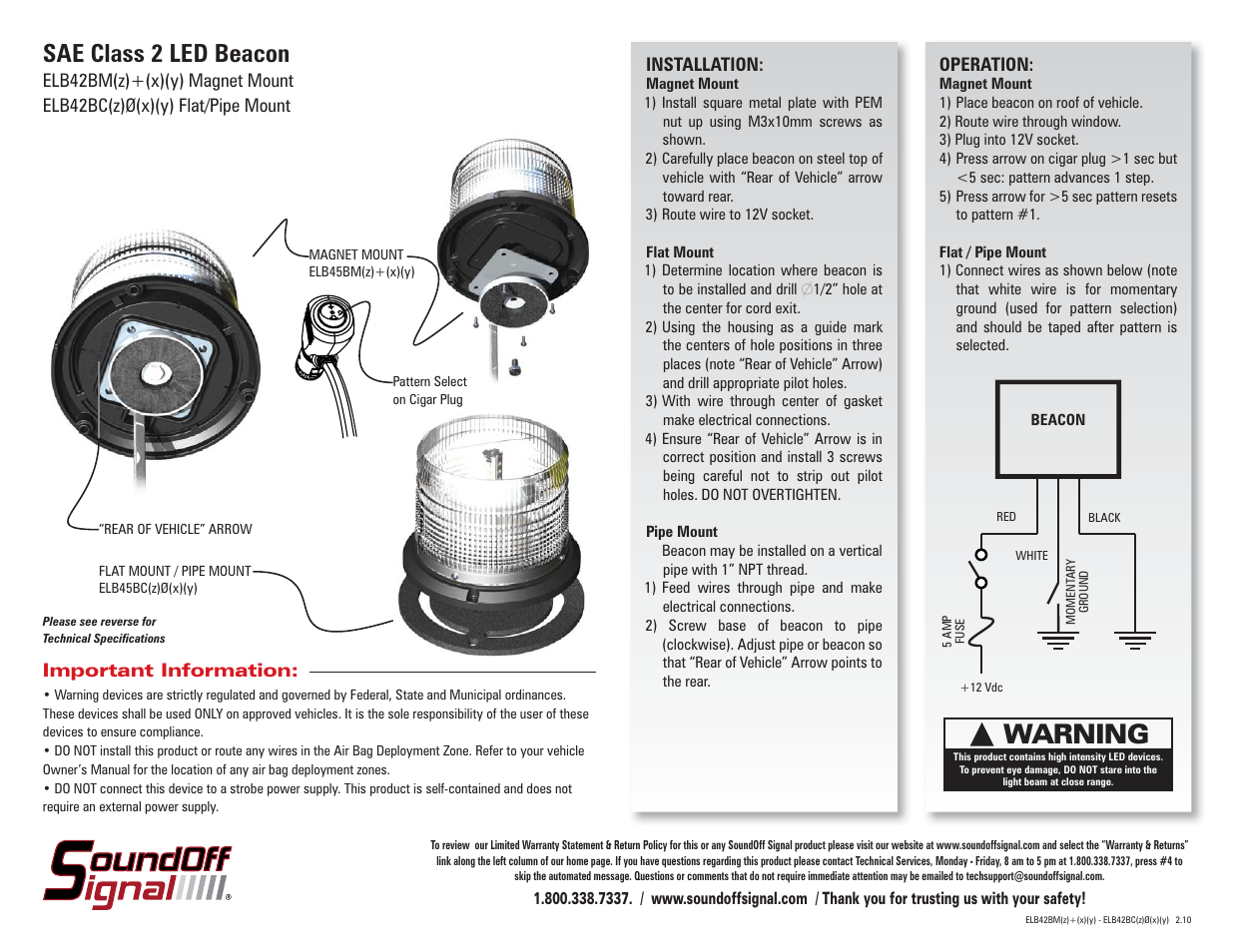SoundOff Signal 4200 Series LED Beacon Class 2 User Manual | 2 pages