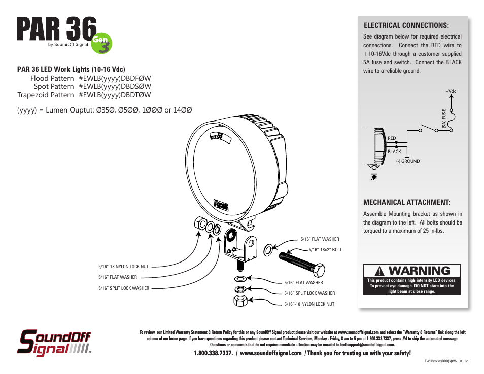 SoundOff Signal PAR 36 Work Lights (10-16 Vdc) User Manual | 2 pages