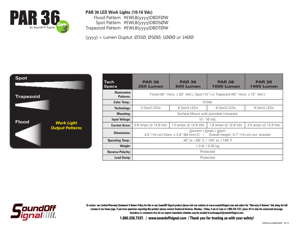 SoundOff Signal PAR 36 Work Lights (10-16 Vdc) User Manual | Page 2 / 2