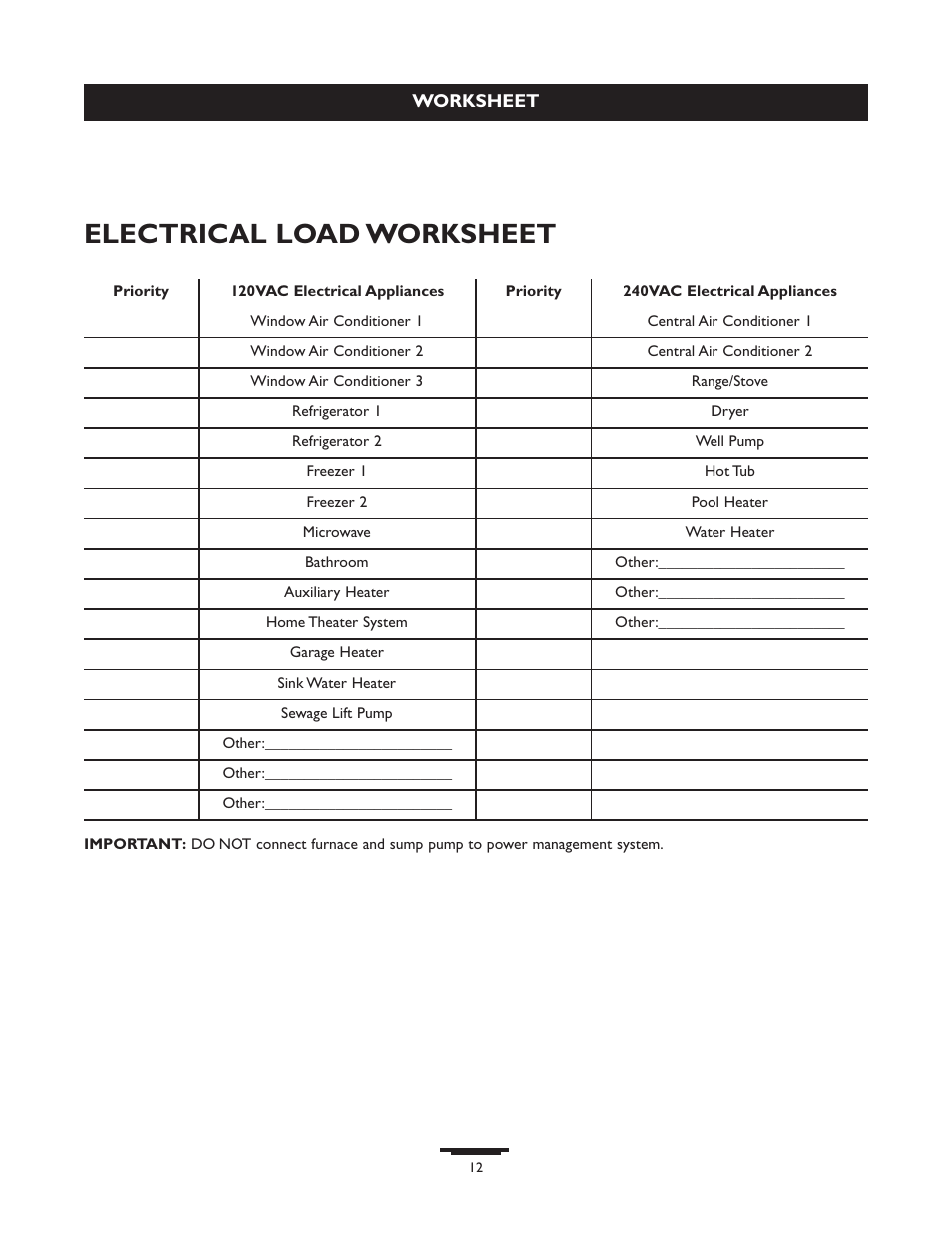 Electrical load worksheet | Briggs & Stratton 071013 User Manual | Page 12 / 40