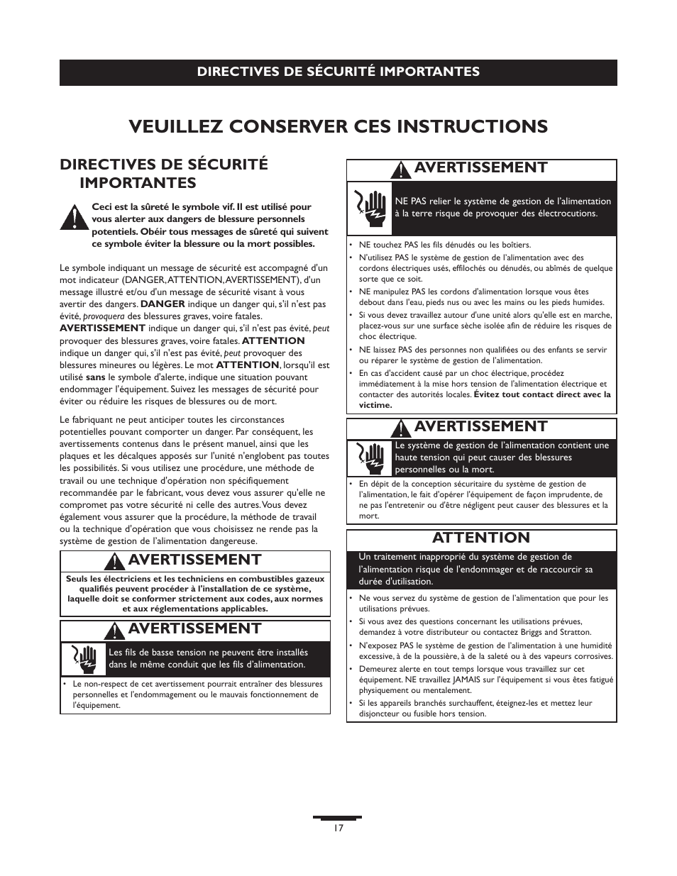 Veuillez conserver ces instructions, Directives de sécurité importantes, Avertissement | Attention | Briggs & Stratton 071013 User Manual | Page 17 / 40