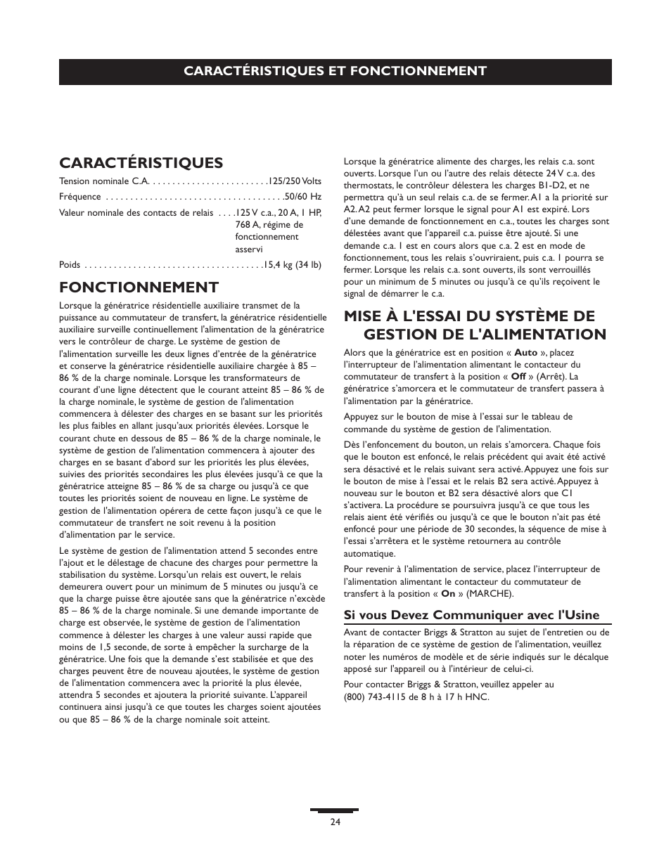 Caractéristiques, Fonctionnement | Briggs & Stratton 071013 User Manual | Page 24 / 40