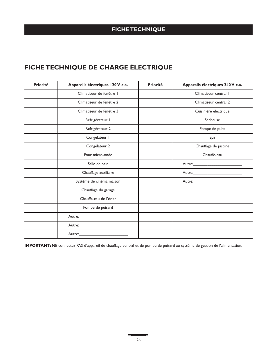 Fiche technique de charge électrique, Fiche technique | Briggs & Stratton 071013 User Manual | Page 26 / 40