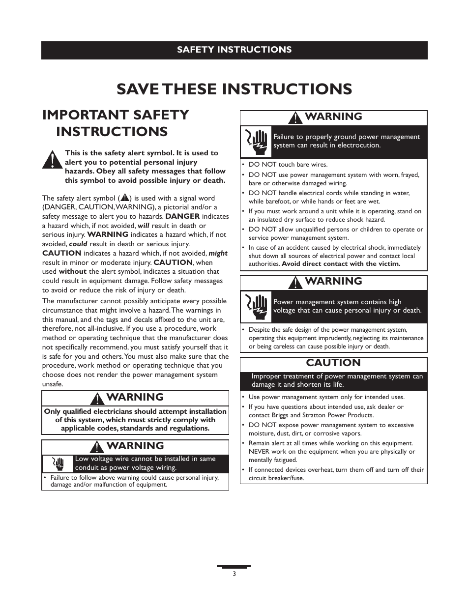 Safety instructions, Save these instructions, Important safety instructions | Warning, Caution | Briggs & Stratton 071013 User Manual | Page 3 / 40