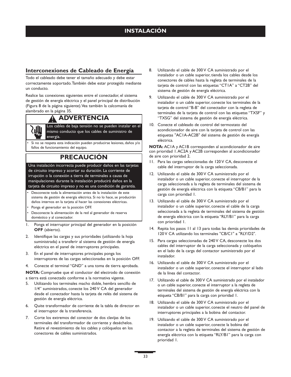 Advertencia, Precaución, Instalación interconexiones de cableado de energía | Briggs & Stratton 071013 User Manual | Page 33 / 40