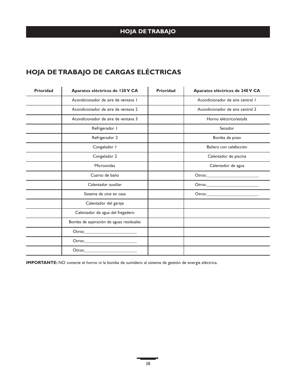 Hoja de trabajo de cargas eléctricas, Hoja de trabajo | Briggs & Stratton 071013 User Manual | Page 38 / 40