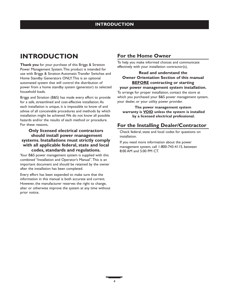 Introductio, Introduction, For the home owner | For the installing dealer/contractor | Briggs & Stratton 071013 User Manual | Page 4 / 40