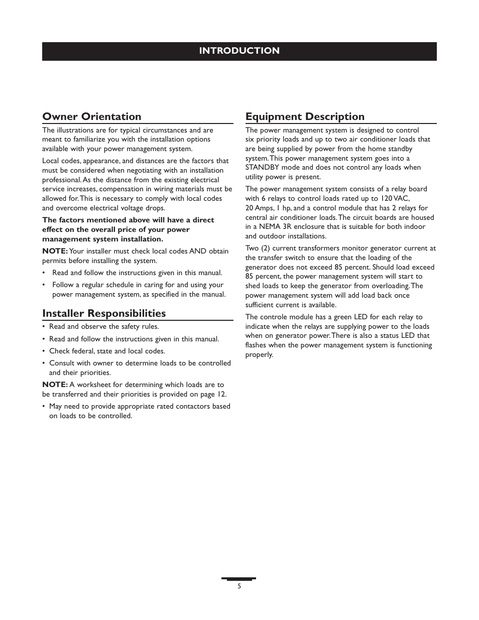 Owner orientation, Installer responsibilities, Equipment description | Briggs & Stratton 071013 User Manual | Page 5 / 40