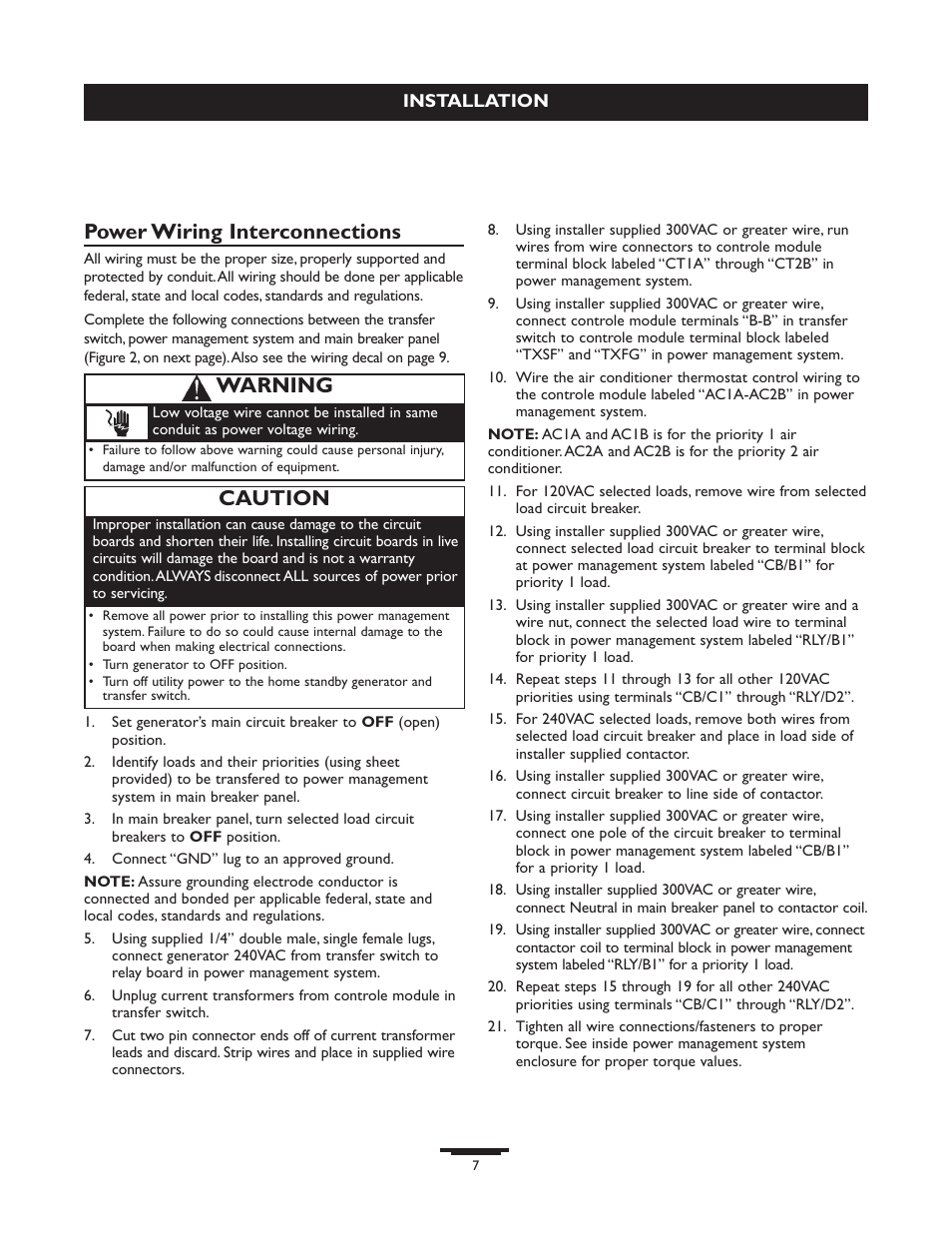 Power wiring interconnections, Warning, Caution | Briggs & Stratton 071013 User Manual | Page 7 / 40