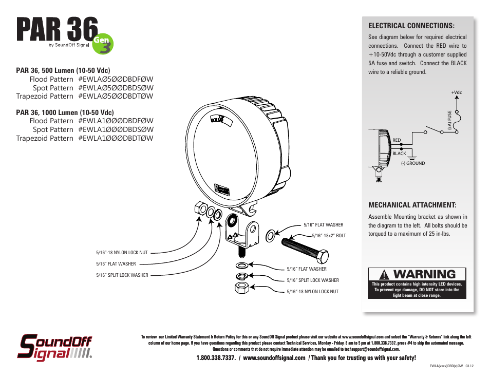SoundOff Signal PAR 36 Work Lights (10-50 Vdc) User Manual | 2 pages