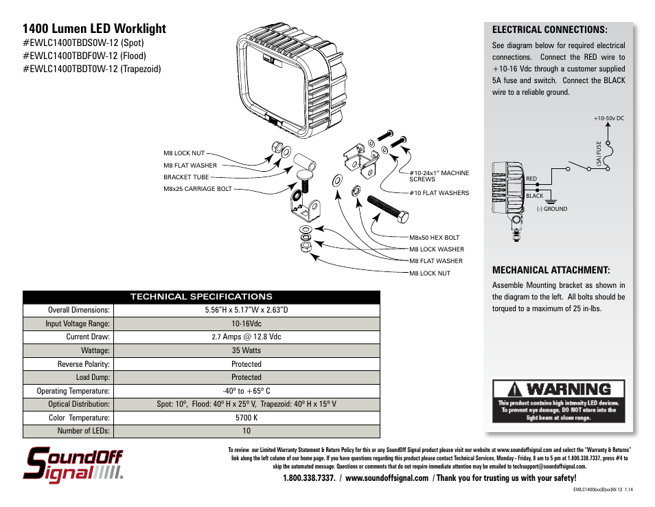 SoundOff Signal 1400 Lumen LED Worklight (10-16 Vdc) User Manual | 1 page