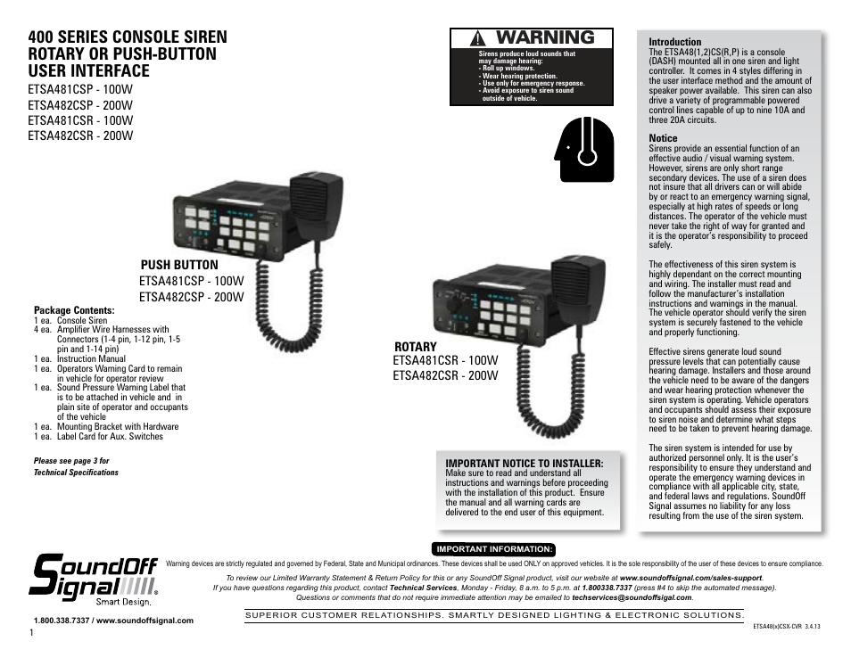 SoundOff Signal 400 Series Knob Console Siren User Manual | 4 pages