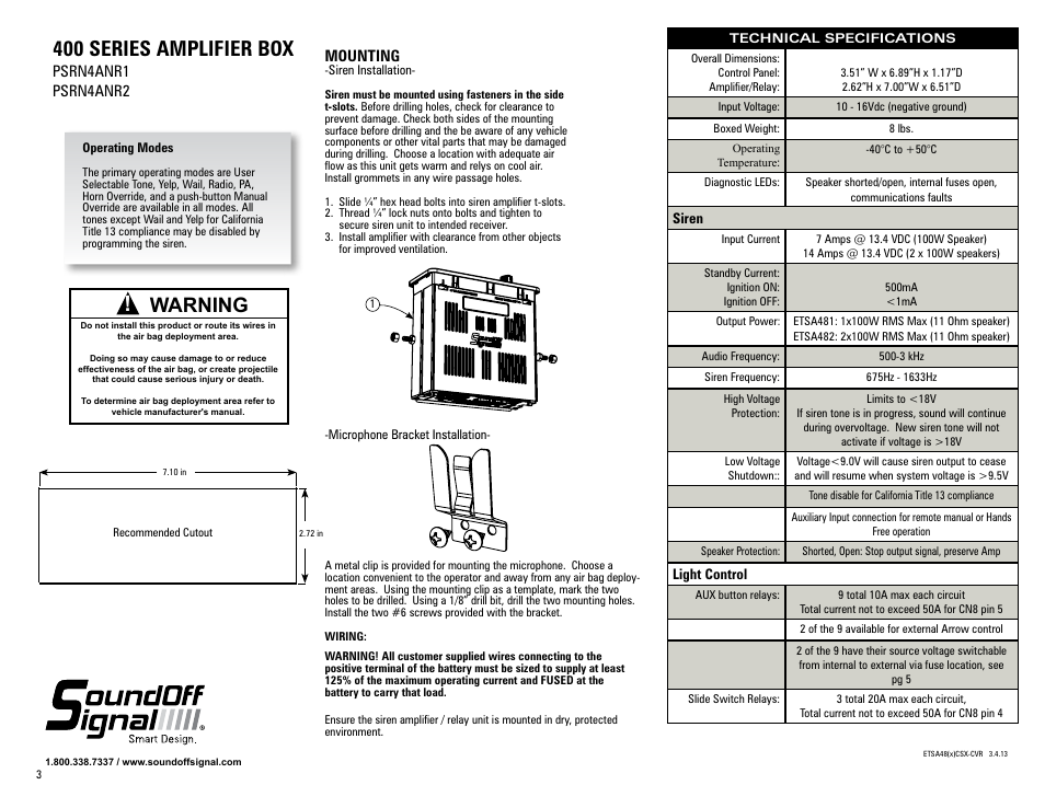 400 series amplifier box, Warning, Mounting | Psrn4anr1 psrn4anr2 | SoundOff Signal 400 Series Knob Console Siren User Manual | Page 3 / 4