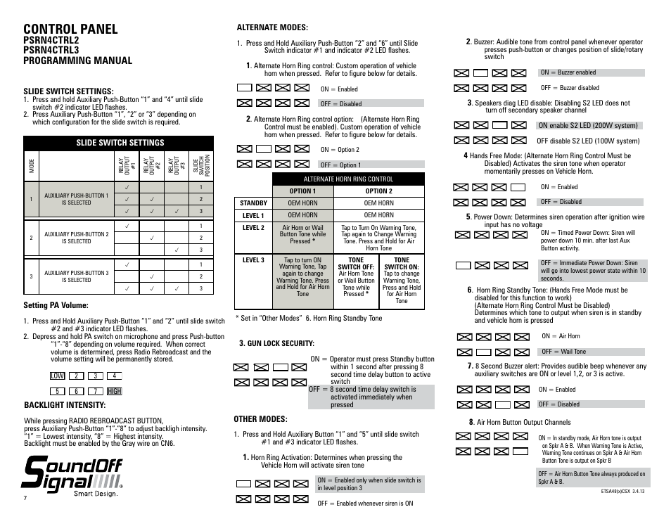 Control panel, Psrn4ctrl2 psrn4ctrl3 programming manual | SoundOff Signal 400 Series Console Amp Box User Manual | Page 3 / 5