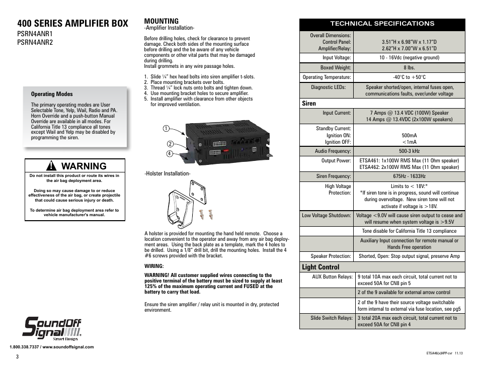 400 series amplifier box, Warning, Light control | Mounting, Psrn4anr1 psrn4anr2 | SoundOff Signal 400 Series Handheld Siren User Manual | Page 3 / 9